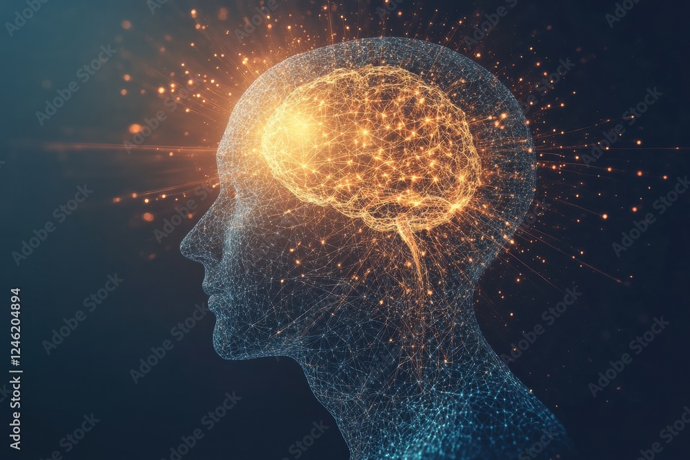 Poster scientific illustration of brain and nervous system showing glowing neurons and electrical activity 