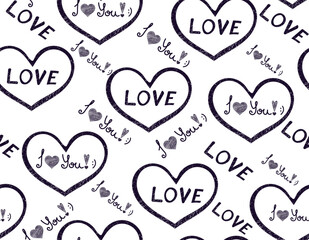 Beautiful handwritten vector seamless pattern with hand drawn hearts and the words "Love" and "I love you"