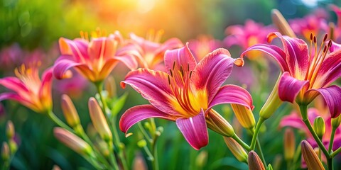 Fototapeta premium Rule of thirds highlights vibrant pink daylilies, creating compelling imagery.