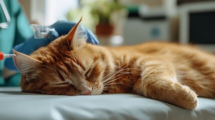Ginger Cat Resting Comfortably on Veterinary Examination Table