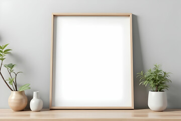 Minimalist Interior with Empty Framed Artwork and Indoor Plants on Wooden Tabletops.Neutral Decor.Home Aesthetic.Contemporary Design.Modern Style.Interior Design.Decorative