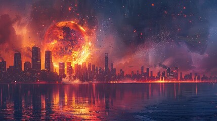 Obraz premium Apocalyptic cityscape at sunset with a massive fiery planet looming over a skyline
