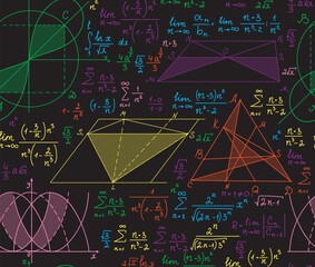 Multicolored vector seamless pattern with handwritten mathematical formulas, equations and figures