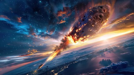 Dramatic meteor streaking through the atmosphere at sunset over a vibrant landscape