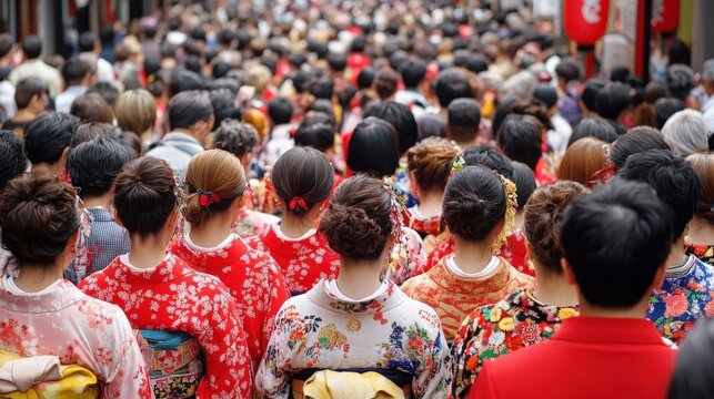 A traditional Japanese festival procession featuring participants wearing happi coats, carrying a mikoshi (portable shrine) through a vibrant crowd