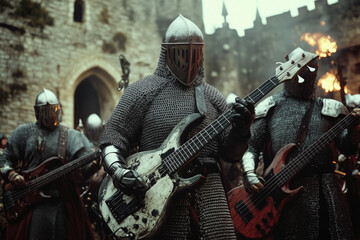 Naklejka premium Group of armored medieval knights playing electric guitars in castle courtyard, merging historic and modern elements. Scene shows intricate armor details and dramatic background