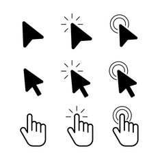 mouse click cursor set, arrow and hand pointer - vector. Cursor icons set in hand.