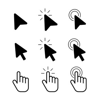 mouse click cursor set, arrow and hand pointer - vector. Cursor icons set in hand.