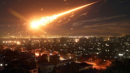 Fototapeta premium Bright meteor streaking across a city skyline at night, illuminating buildings and streets below