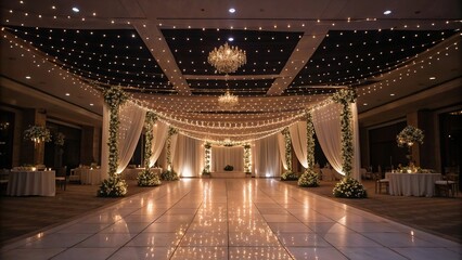Obraz premium Beautifully decorated wedding reception venue with twinkling lights and floral arrangements, empty setting