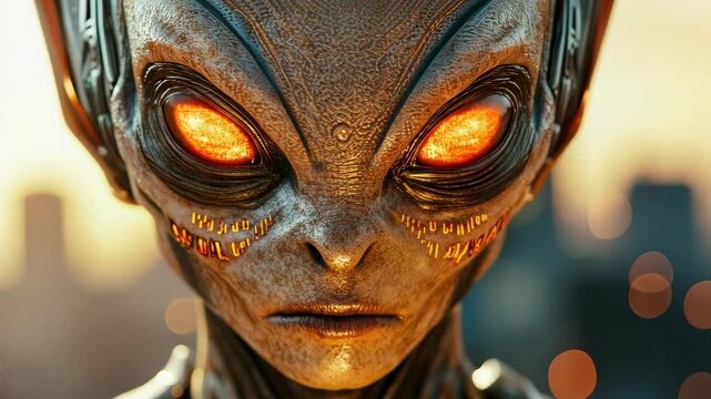 Alien with orange lights eyes - Extraterrestrial, space travel and civilization concept - Model by AI generative