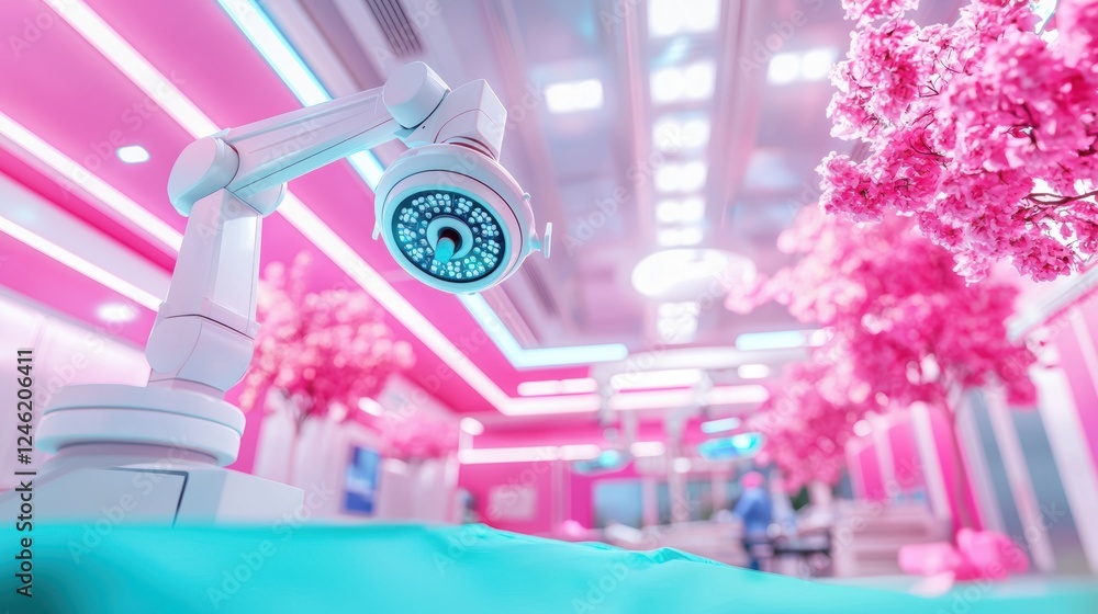 Poster a view from inside an operating room during robotic surgery, with the robotic arms prominently featu