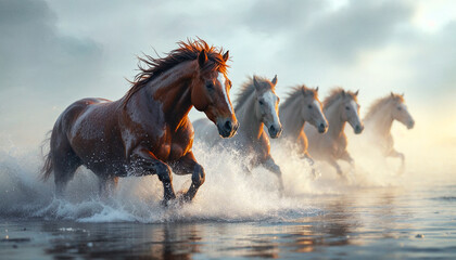 Wild horses gallop through a misty river, bathed in golden sunlight with dynamic splashes.