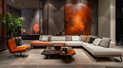 Elegant and contemporary living space with comfortable seating, stylish decor, and warm lighting