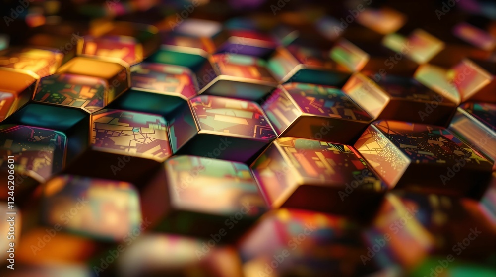 Poster A close-up of a vibrant, iridescent surface composed of hexagonal tiles, each reflecting a myriad of colors ranging from deep blues and purples to bright yellows and oranges.