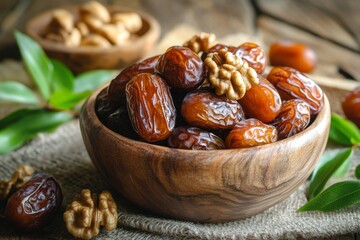 Wooden bowl of dates and walnuts, rustic setting, healthy snack