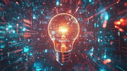 A bright idea light bulb surrounded by an intricate network of binary code and AI algorithms, floating in a virtual space filled with holographic displays of machine learning models, real-time data