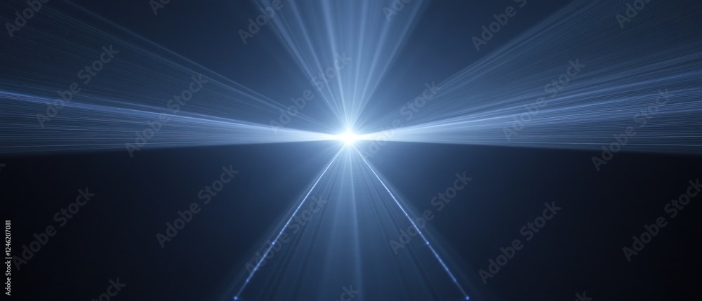 Poster radiant light beams converging in a dark space, creating depth