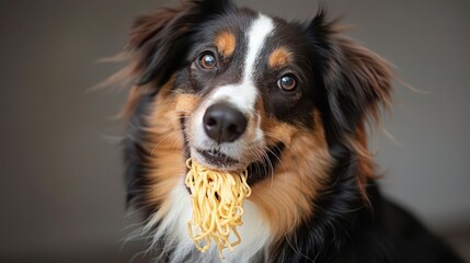 Fototapeta premium Playful dog with noodles hanging from its mouth, smiling against a blurred background