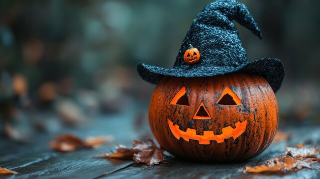 halloween pumpkin on wooden background with copy space halloween concept