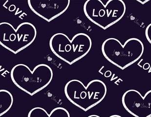 Beautiful Valentine vector seamless background with handwritten hearts and the words of love. Lettering