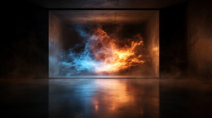 This striking image showcases a room filled with swirling fire and ice smoke, creating a dynamic contrast of color and atmosphere that stirs the imagination and invites wonder.