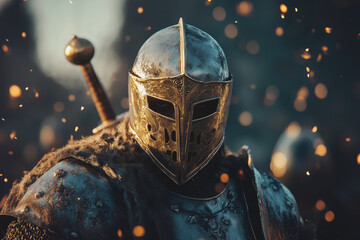 Fototapeta premium Medieval knight in full armor standing amid a battle scene with sparks flying around, depicting a historical and intense atmosphere, grasping sword and shield while facing opponents in armored combat
