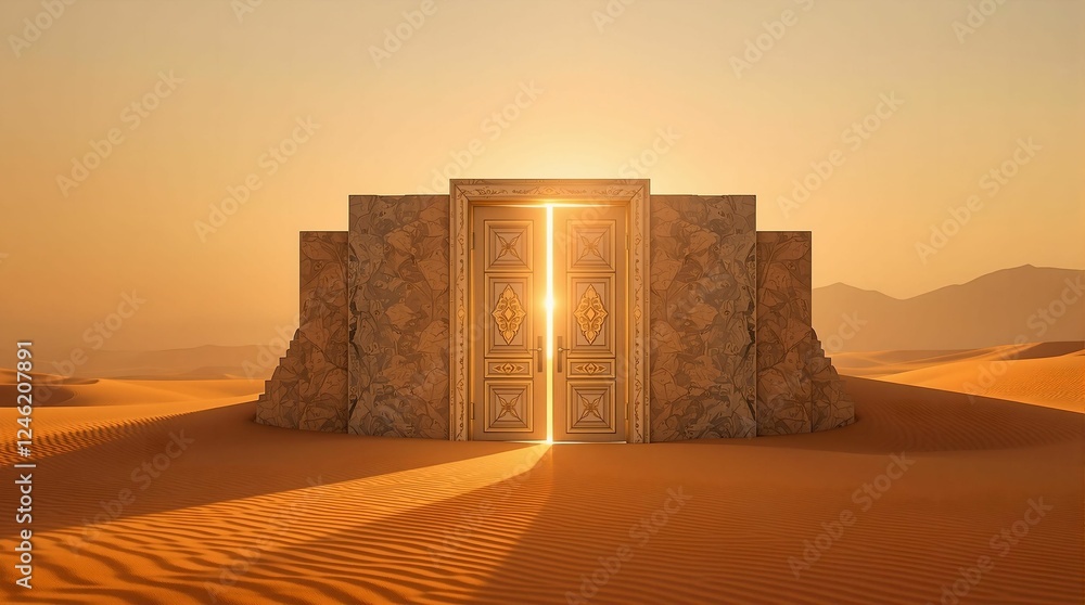 Poster A digital artwork depicting a desert scene with a large stone structure in the middle, surrounded by sand dunes and a backdrop of mountains. The sky is painted with hues of orange and yellow, suggesti