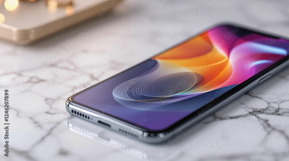 Poster A smartphone with a vibrant display featuring a gradient of colors, placed on a marble surface with a blurred background.