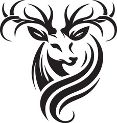 Majestic Deer with Intricate Antlers – Bold Black and White Tribal-Style Vector

