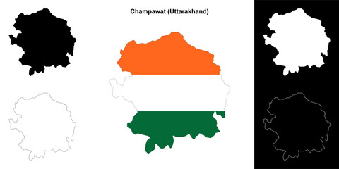 Champawat district (Uttarakhand) blank outline map set