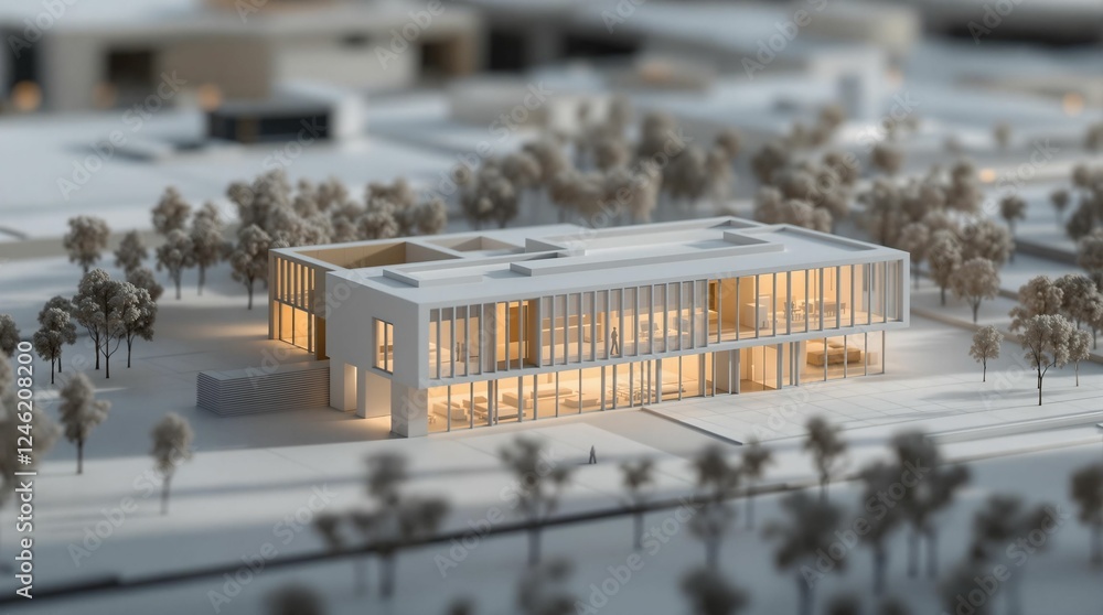 Aufkleber A detailed architectural model of a building surrounded by miniature trees, set against a blurred background. The model is illuminated, highlighting its intricate design and the surrounding environmen