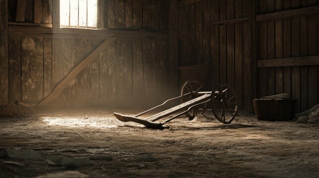 Vintage wooden wagon and sunlit rustic barn interior evoking rural nostalgia