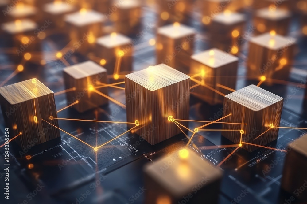 Poster abstract representation of interconnected wooden blocks and circuits