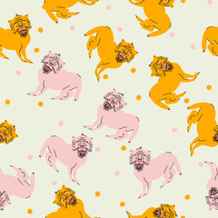 Cute seamless pattern with cats with open mouth and tongue hanging out. Vector print, design, background