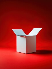 Minimalist white box on a vibrant red background.