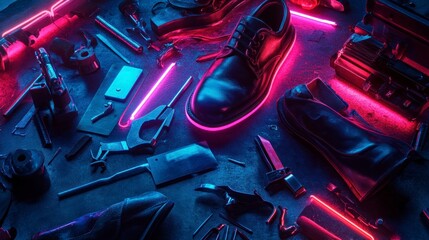 Dynamic shoemaker tools under neon lights studio setting gigapixel quality abstract art concept