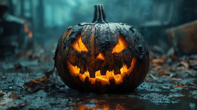 halloween pumpkin with scary face on dark background halloween concept copy space