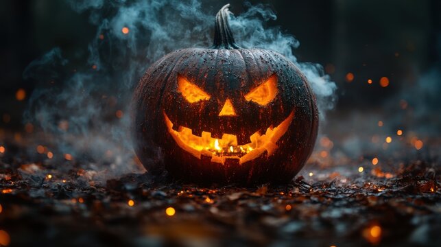 halloween pumpkin with smoke on old wooden background halloween concept