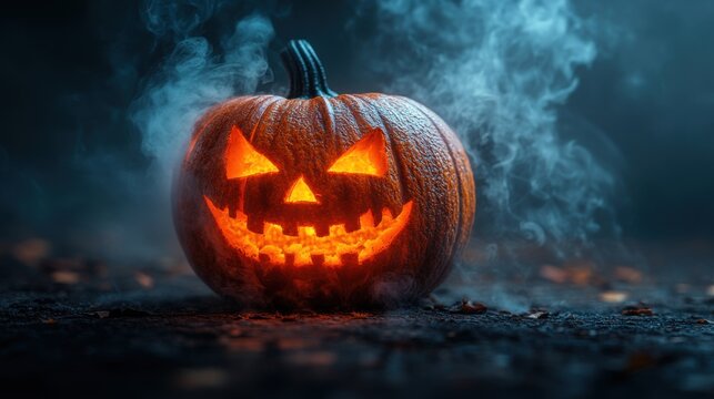 halloween pumpkin with smoke on old wooden background halloween concept