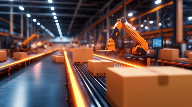 A vast warehouse with automated sorting robots moving packages efficiently across conveyor belts, with supervisors monitoring operations from elevated platforms - Powered by Adobe