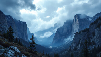 Majestic Yosemite Valley: A Serene Mountainscape Under a Cloudy Sky