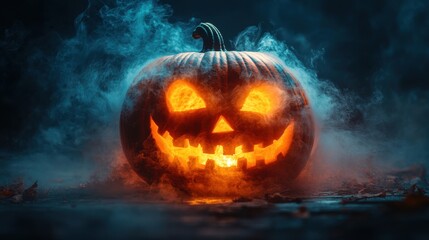 halloween pumpkin with smoke on wooden background copy space for text