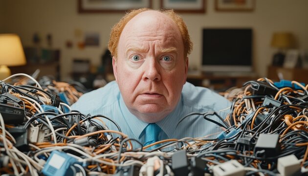 Overwhelmed Freelancer Surrounded by Tangled Cables and Electronics in a Home Office