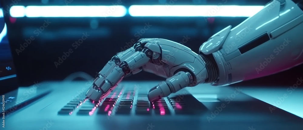 Poster robotic hand typing on futuristic keyboard in neon setting