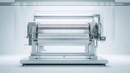 Futuristic weaving machine design high-tech studio industrial equipment minimalist environment side view clean aesthetics