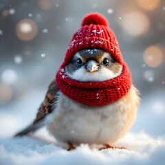 Fototapeta premium Adorable Sparrow Wearing Red Winter Hat and Scarf in Snow