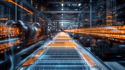 Fototapeta premium Innovative integration of digital displays and weaving machines factory floor high-tech environment futuristic viewpoint