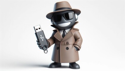 Fototapeta premium Sneaky character holding usb drive digital art studio environment whimsical viewpoint