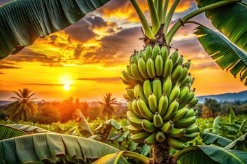 Obraz premium Vibrant sunset, ripe bananas, macro shot.